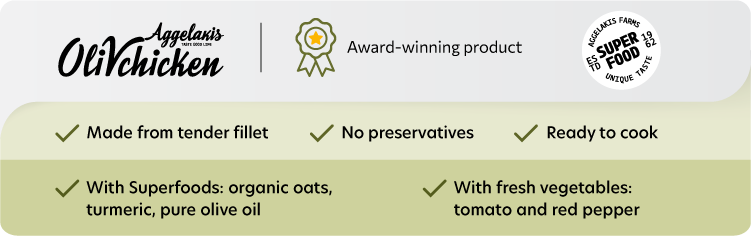 Made from tender fillet With Superfoods: organic oats, turmeric, pure olive oil With fresh vegetables (tomato and red pepper) No preservatives Ready to cook