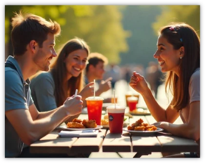 happy people eating chicken
