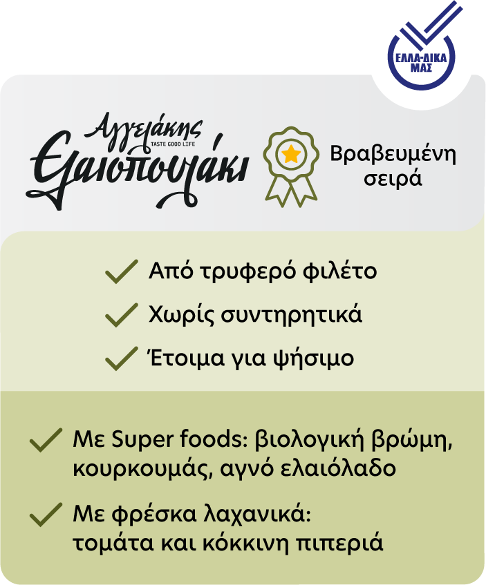 Βραβευμένη σειρά Από τρυφερό φιλέτο Χωρίς συντηρητικά Έτοιμα για ψήσιμο με Super foods: βιολογική βρώμη, κουρκουμάς, αγνό ελαιόλαδο με φρέσκα λαχανικά (τομάτα και κόκκινη πιπεριά)